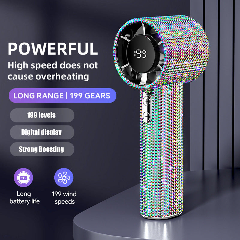 💎 Full Diamond Handheld Fan | Digital Display & Adjustable Speed