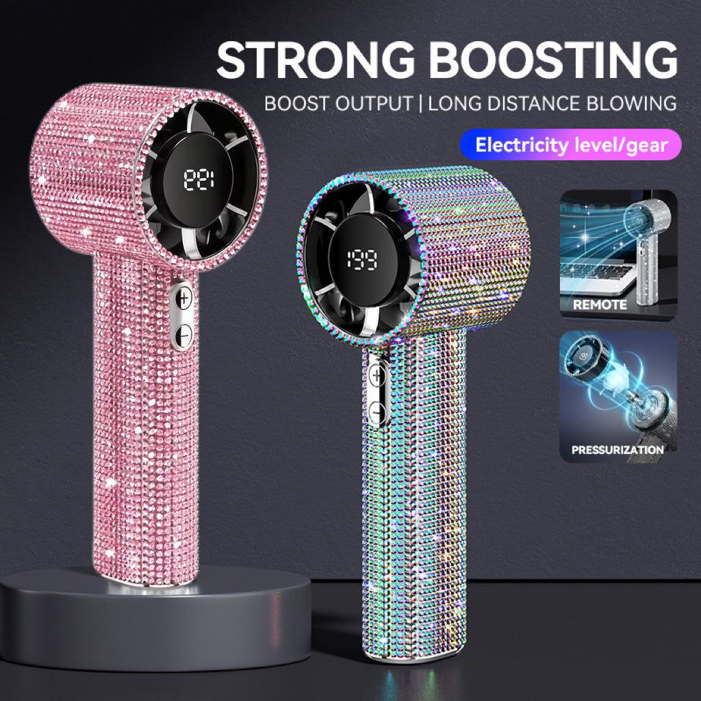 💎 Full Diamond Handheld Fan | Digital Display & Adjustable Speed