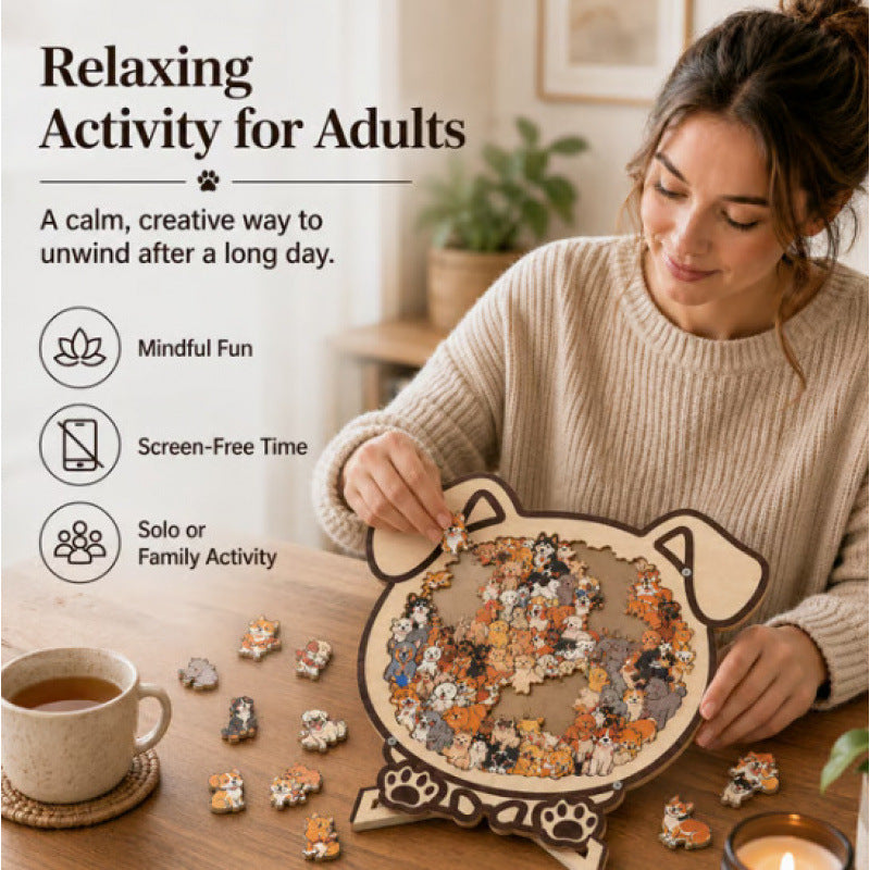 🎨 Artistic Wooden Dog Puzzle with Display Frame, Unique Shaped Jigsaw Puzzle for Adults Stress Relief Home Decor Creative Gift