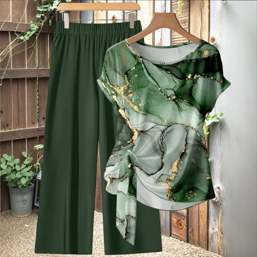 🌸 Women's Casual Printed Shirt & Straight Pants Set