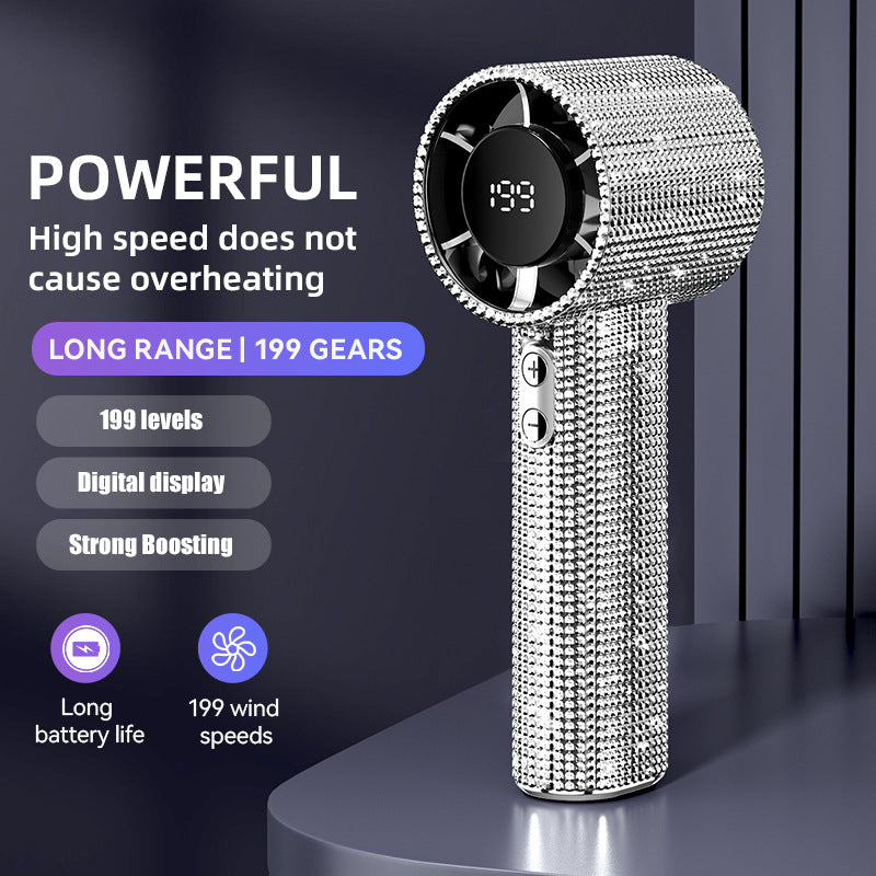 💎 Full Diamond Handheld Fan | Digital Display & Adjustable Speed