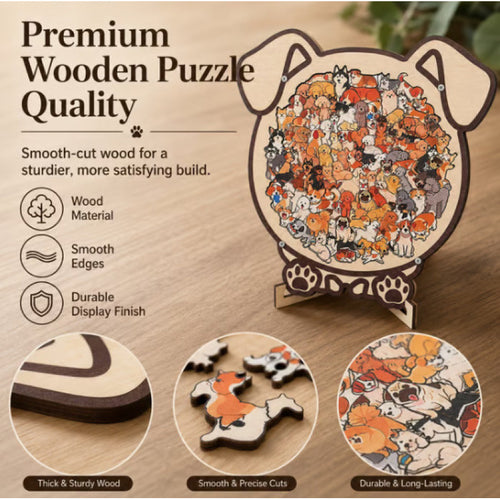 🎨 Artistic Wooden Dog Puzzle with Display Frame, Unique Shaped Jigsaw Puzzle for Adults Stress Relief Home Decor Creative Gift