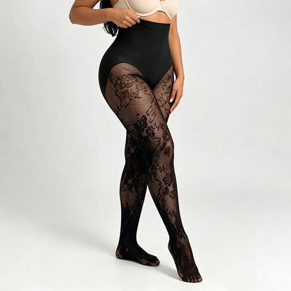 High-waisted floral lace shaping tights