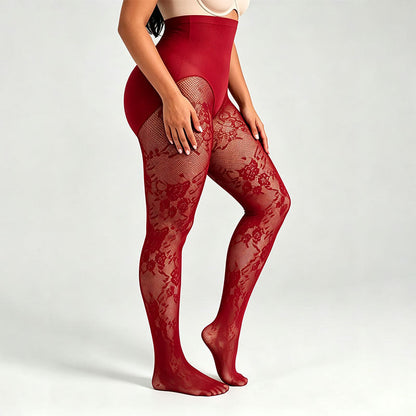 High-waisted floral lace shaping tights