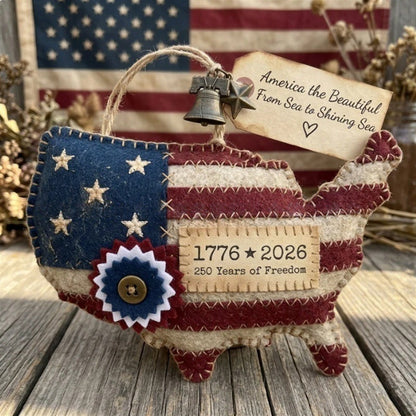 3-Pcs 2026 US 250th Anniversary Patriotic Ornaments - Handstitched Rustic Star Heart Map Decor Set
