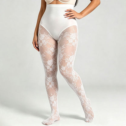 High-waisted floral lace shaping tights