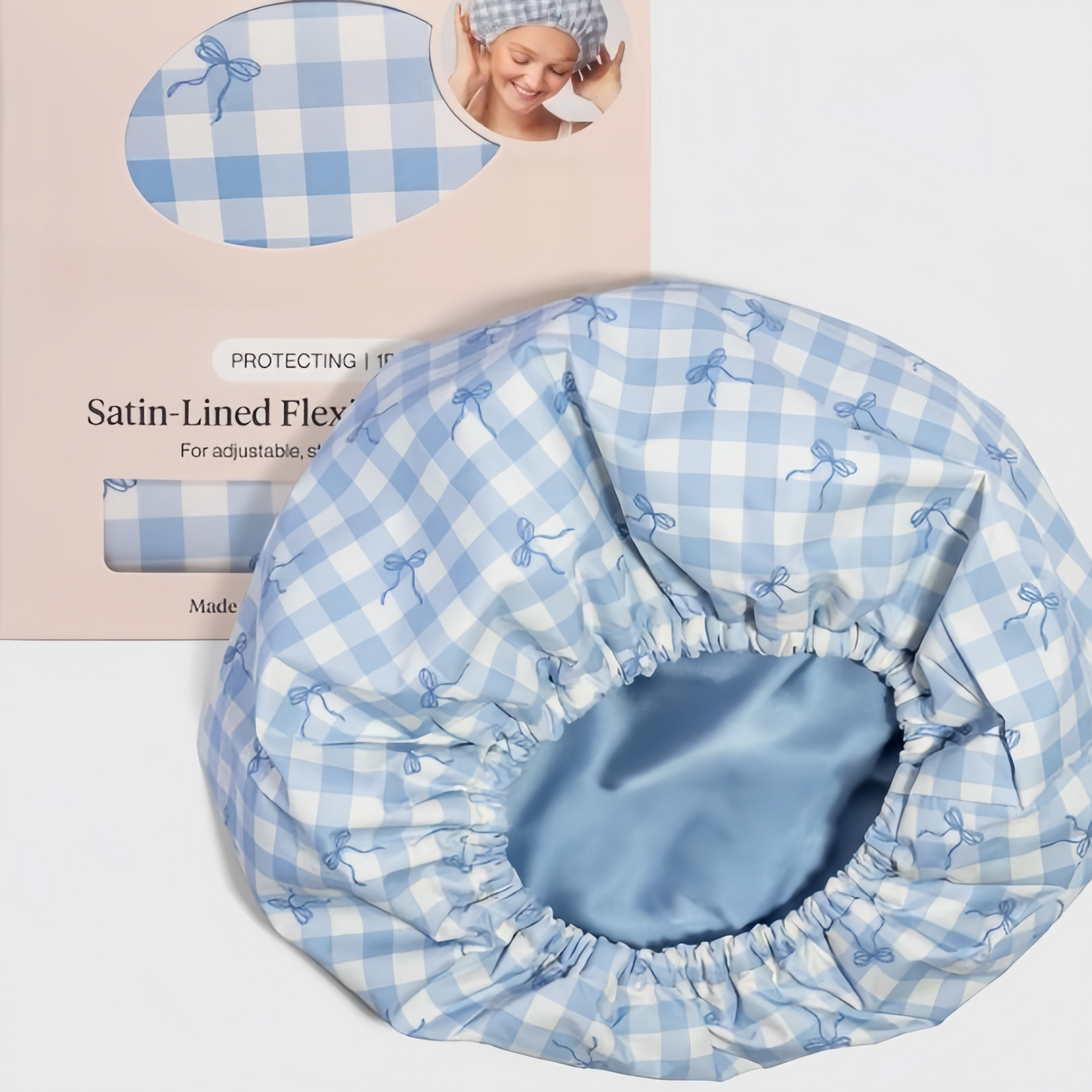 Gingham Blue Satin Lined Flexi Shower Cap