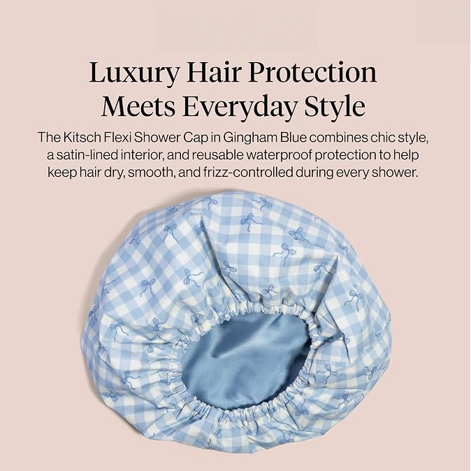 Gingham Blue Satin Lined Flexi Shower Cap
