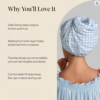 Gingham Blue Satin Lined Flexi Shower Cap