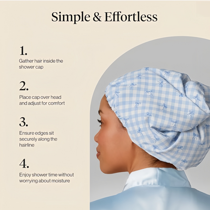 Gingham Blue Satin Lined Flexi Shower Cap