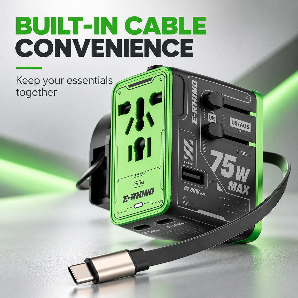 ⚡ 75W MAX All-in-One Travel Adapter – 5-Port Charging Hub with Built-In USB-C Cable 🌍🔌