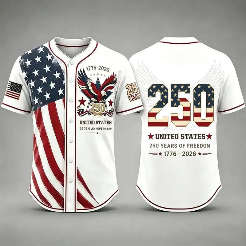 Men's USA 250th Anniversary Baseball Jersey Patriotic American Flag Eagle Button Down Shirt 1776-2026