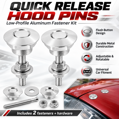🔧 2PCS Quick Release Hood Pins 🚗 Low-Profile Rotatable Metal Fastener Kit
