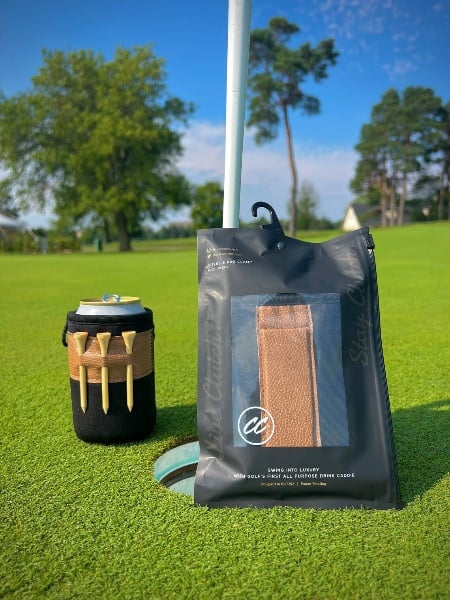 Golf Caddie Drink Holder with Magnetic Attachment All-in-One Golf Koozie with 3 Tees Slots , Ball Marker Slot & Dual Storage Pockets