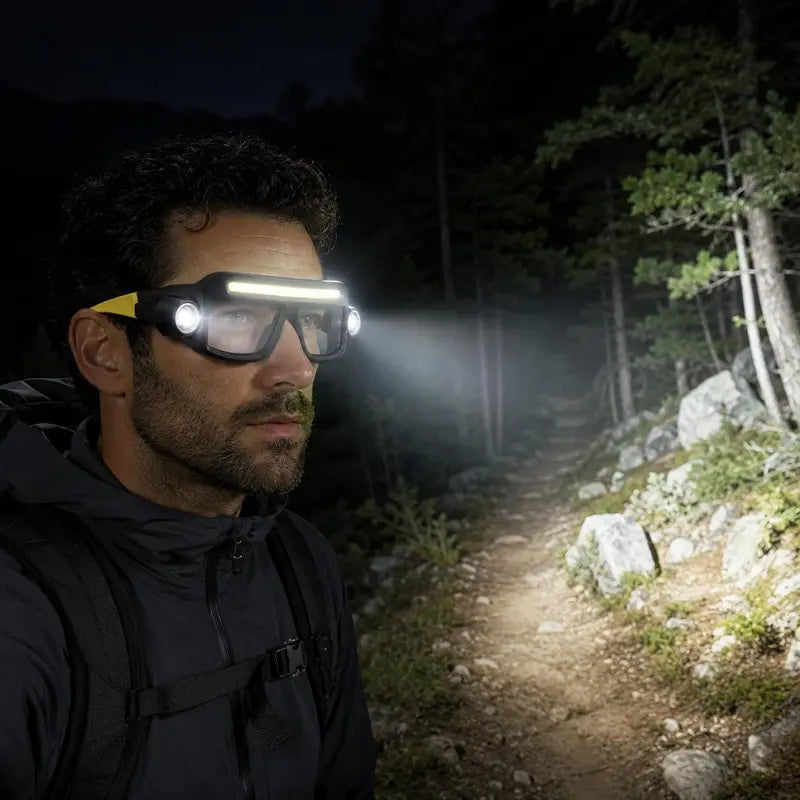 Rechargeable LED Headlamp Glasses - Hand-Wave Sense, Type-C USB Charging, 5-Mode COB Lights, Dual Side Spotlights, IPX4 Waterresist, Lightweight Motorcycle Accessories for Camping, Automotive Tasks
