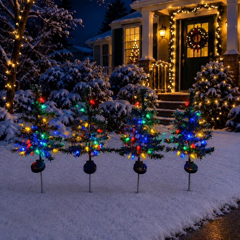 Weather-resistant solar Christmas pathway lights in a winter yard