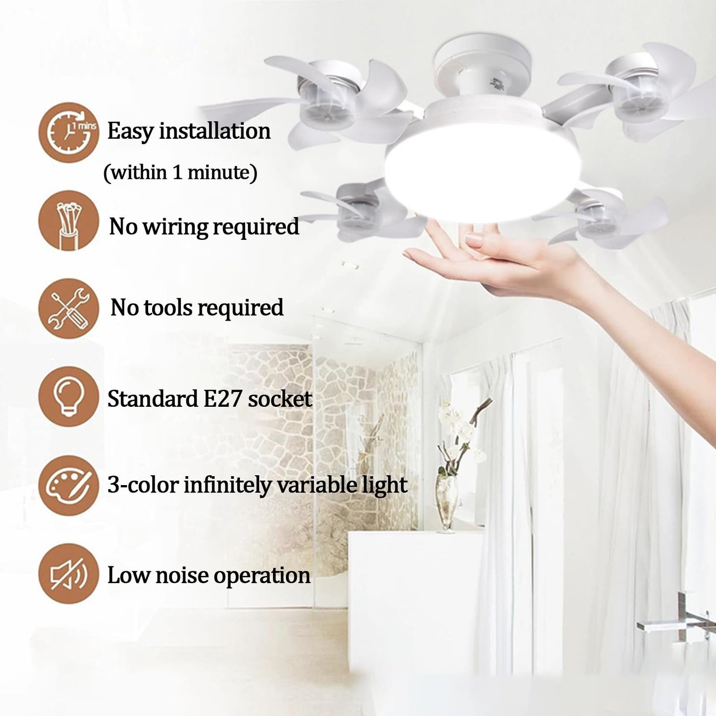 2-in-1 Socket Fan Light – 3-Color Dimmable LED Ceiling Fan with Remote