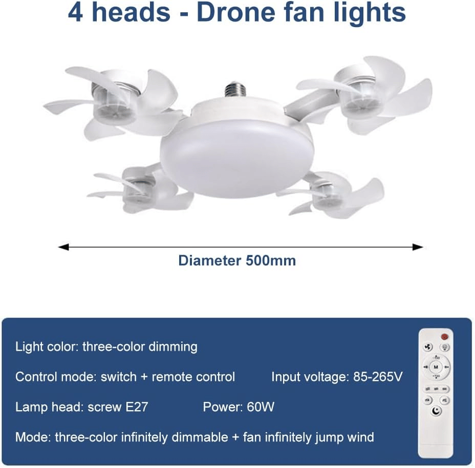 2-in-1 Socket Fan Light – 3-Color Dimmable LED Ceiling Fan with Remote