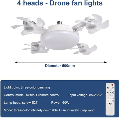 2-in-1 Socket Fan Light – 3-Color Dimmable LED Ceiling Fan with Remote