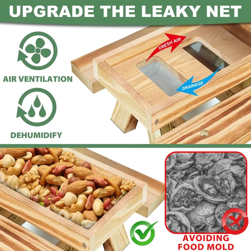 🐿️Cute Carbonized Wood Squirrel Feeder with Umbrella – Fun Picnic Table Design☂️