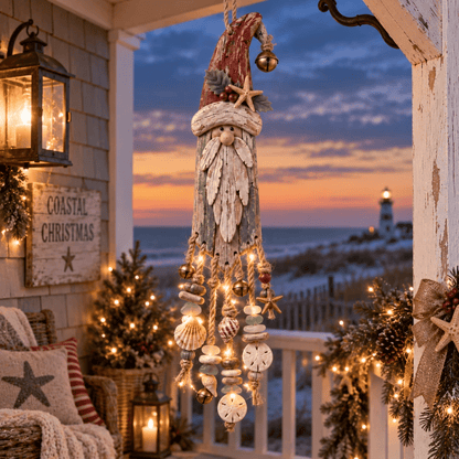 Vintage Coastal Santa Lighted Wall Decor – Beach House Christmas Hanging with Starfish, Shells & Warm Glow
