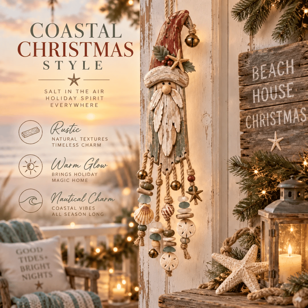 Vintage Coastal Santa Lighted Wall Decor – Beach House Christmas Hanging with Starfish, Shells & Warm Glow