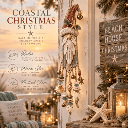 Vintage Coastal Santa Lighted Wall Decor – Beach House Christmas Hanging with Starfish, Shells & Warm Glow
