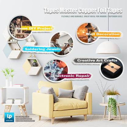 Tapes Master - 1 Mil Copper Foil Tapes - Copper Conductive Adhesive Tapes For Guitar Cavity, EMI Shielding, Grounding, Gardening, Soldering Jewelry, Art Crafts