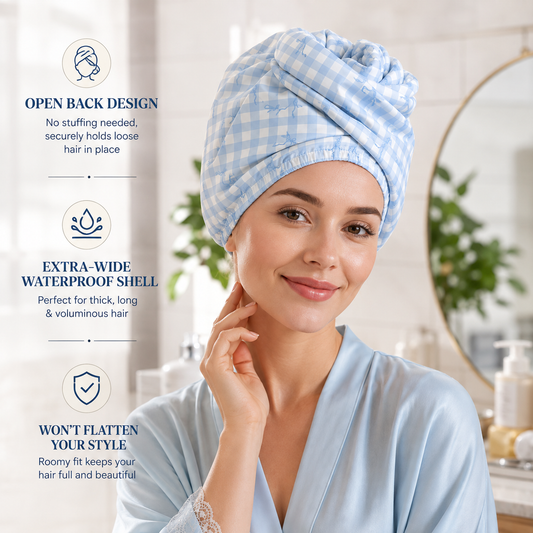 Gingham Blue Satin Lined Flexi Shower Cap
