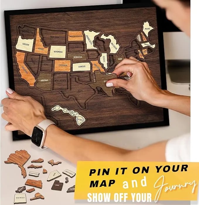 🔥Last Day 49% OFF -🇺🇸 Wooden USA Travel Map Puzzle🧩A Stylish Way to Track Your Journey & Memories