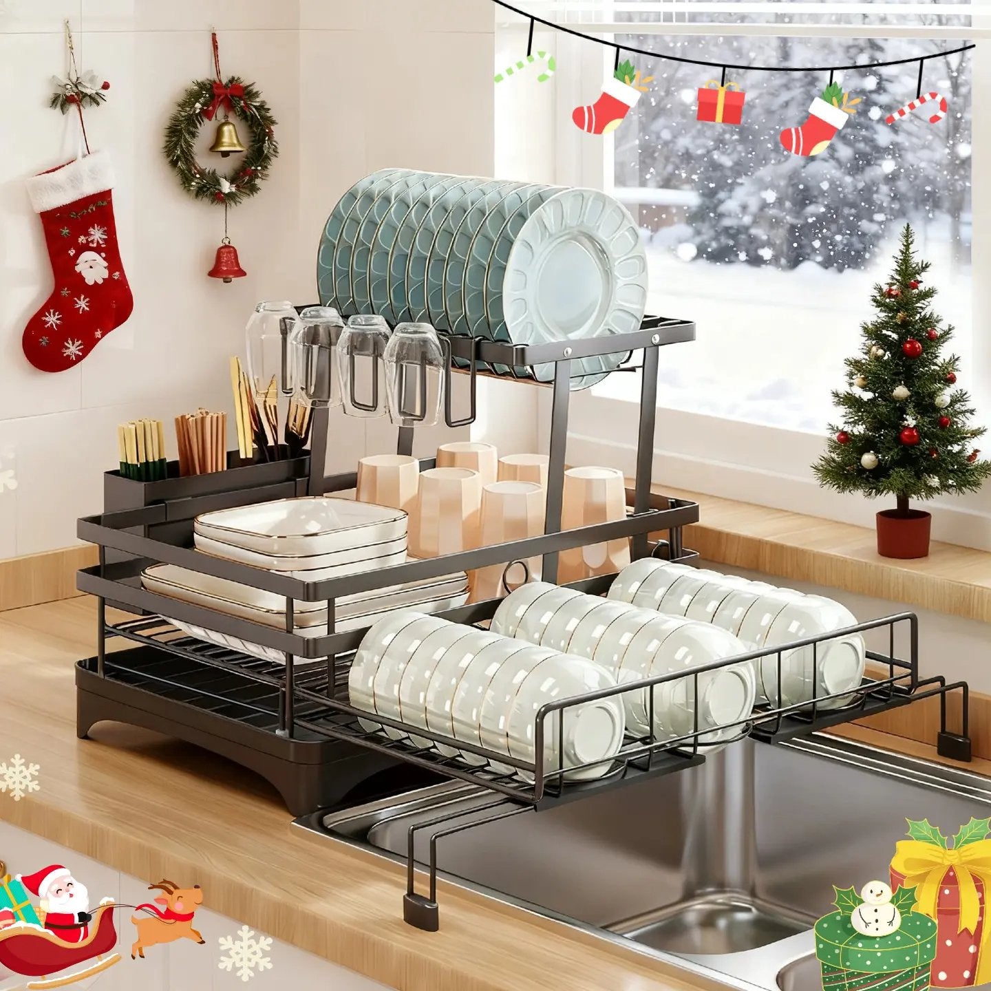 Foldable Over Sink Dish Drying Rack|Pull-Out 2-Tier Dish Drainer with Utensil Holder