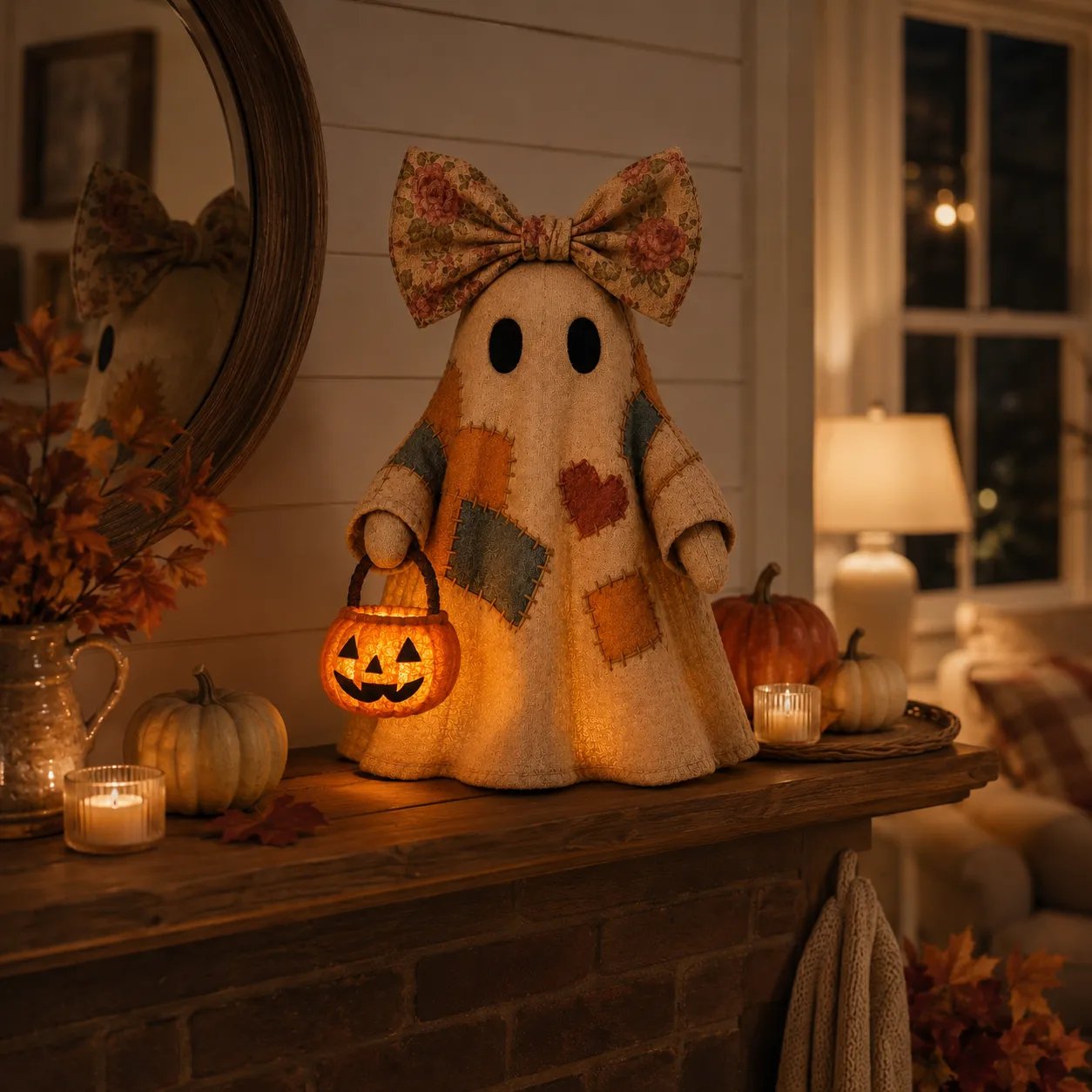 🍂 Vintage Patchwork Light-Up Ghost with Glowing Pumpkin Pail