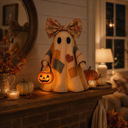🍂 Vintage Patchwork Light-Up Ghost with Glowing Pumpkin Pail