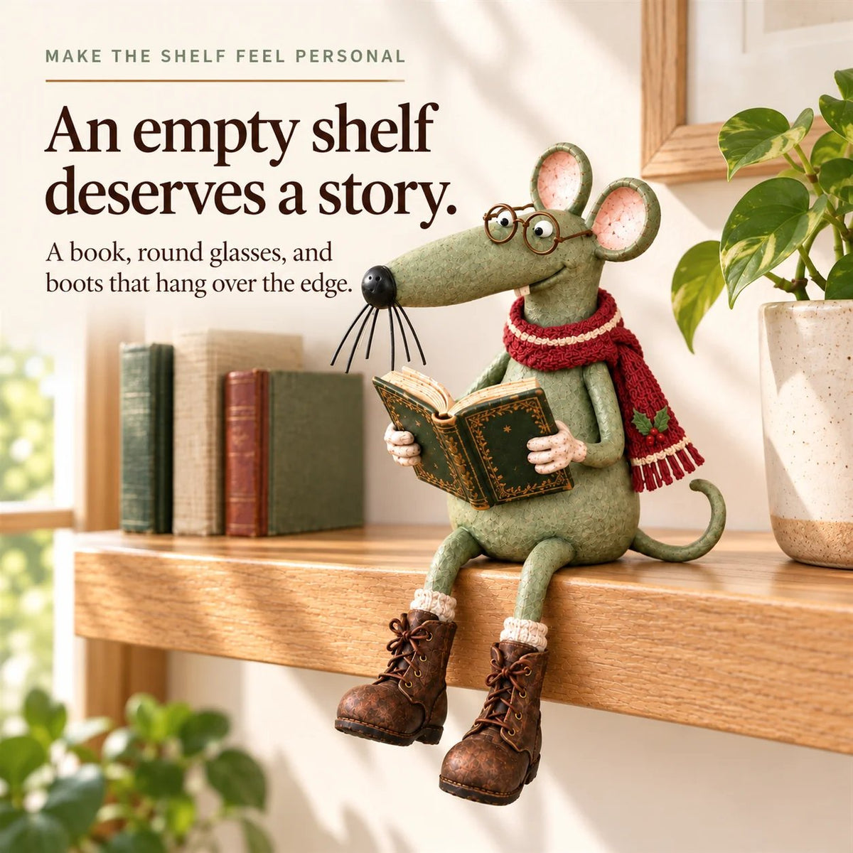 🐭📚 Whimsical Reading Mouse Shelf Sitter – Vintage Book Lover Figurine & Cozy Home Décor