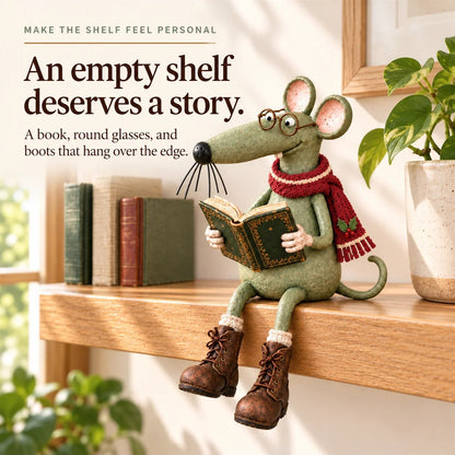 🐭📚 Whimsical Reading Mouse Shelf Sitter – Vintage Book Lover Figurine & Cozy Home Décor