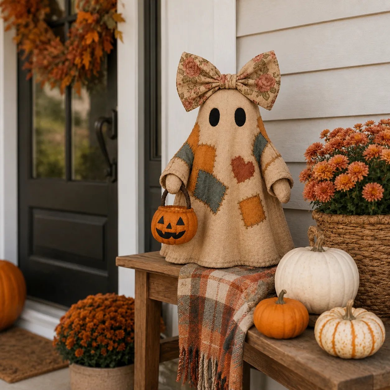 🍂 Vintage Patchwork Light-Up Ghost with Glowing Pumpkin Pail