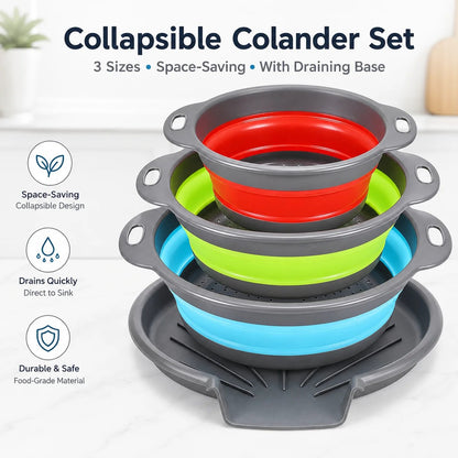 Collapsible Colander Set of 3 – Space-Saving Strainers with Draining Base | Small Medium Large