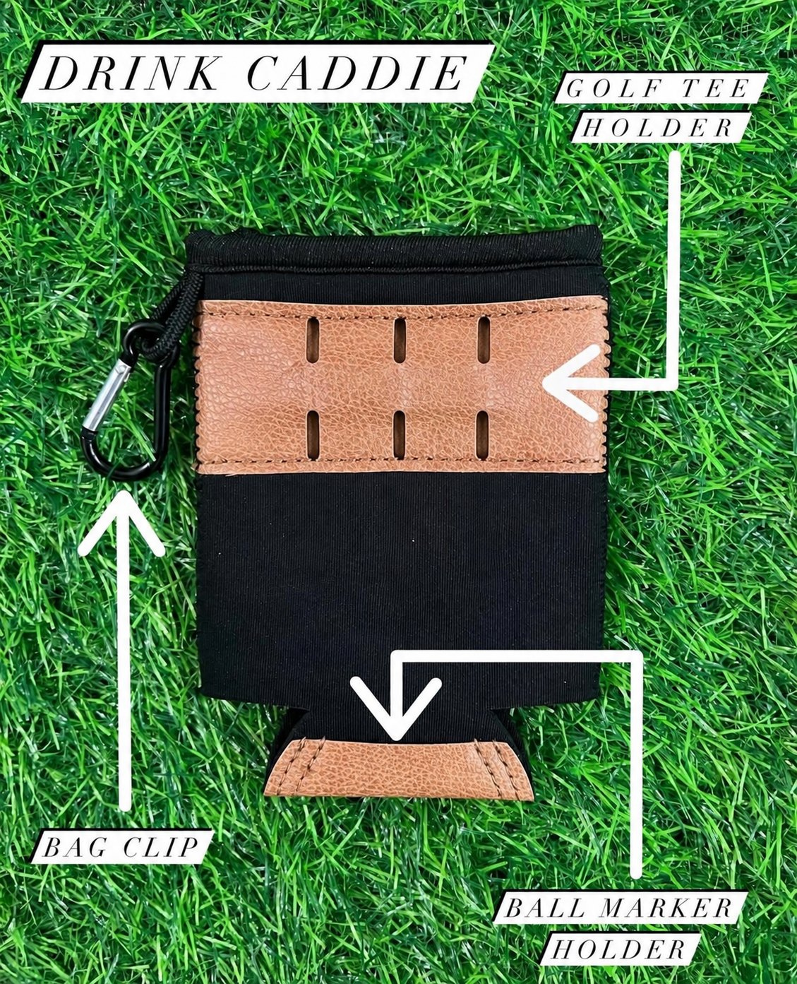Golf Caddie Drink Holder with Magnetic Attachment All-in-One Golf Koozie with 3 Tees Slots , Ball Marker Slot & Dual Storage Pockets