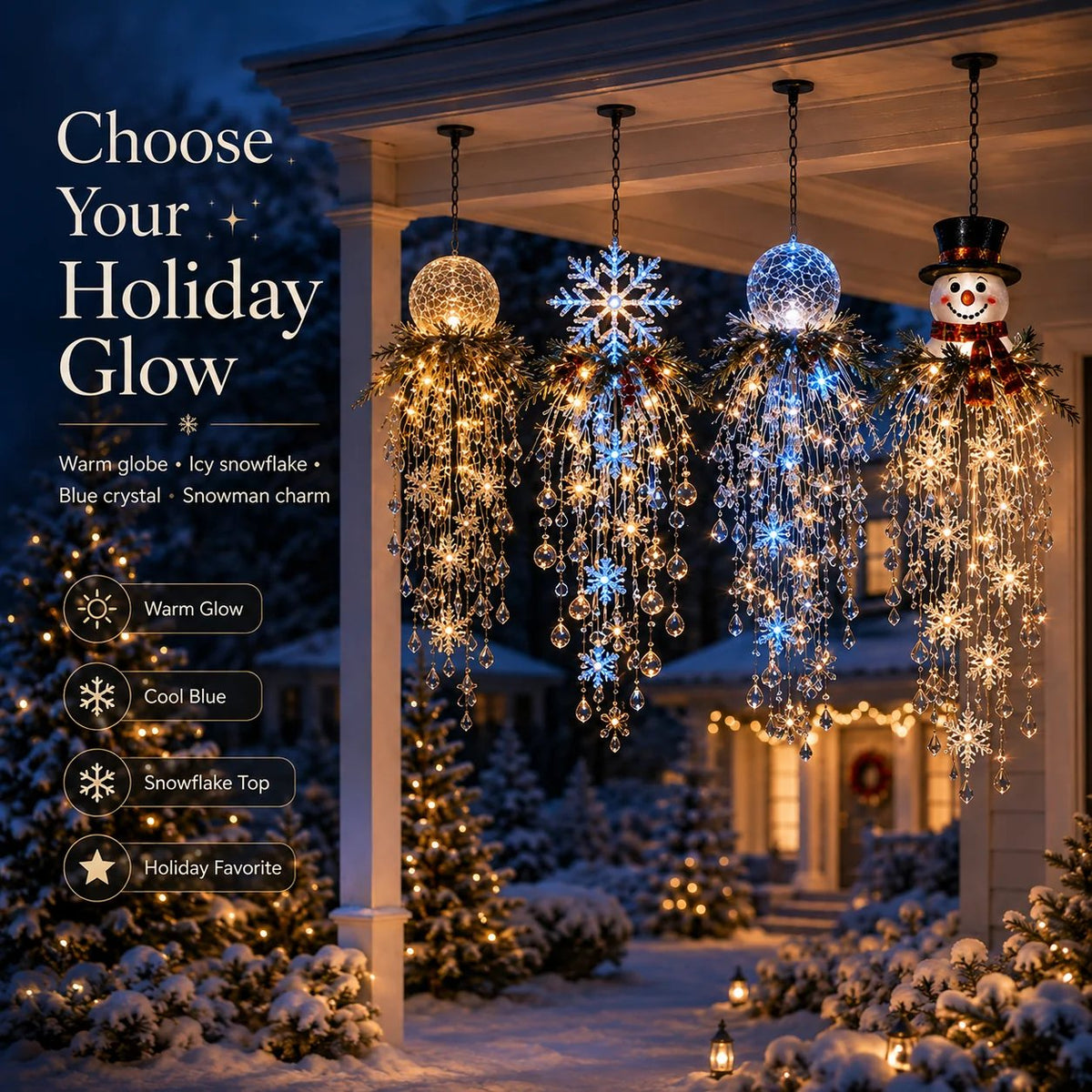 Crystal Cascade Christmas Light™ – Hängande LED-dekoration för verandan: snöflingor och kristaller ✨❄️