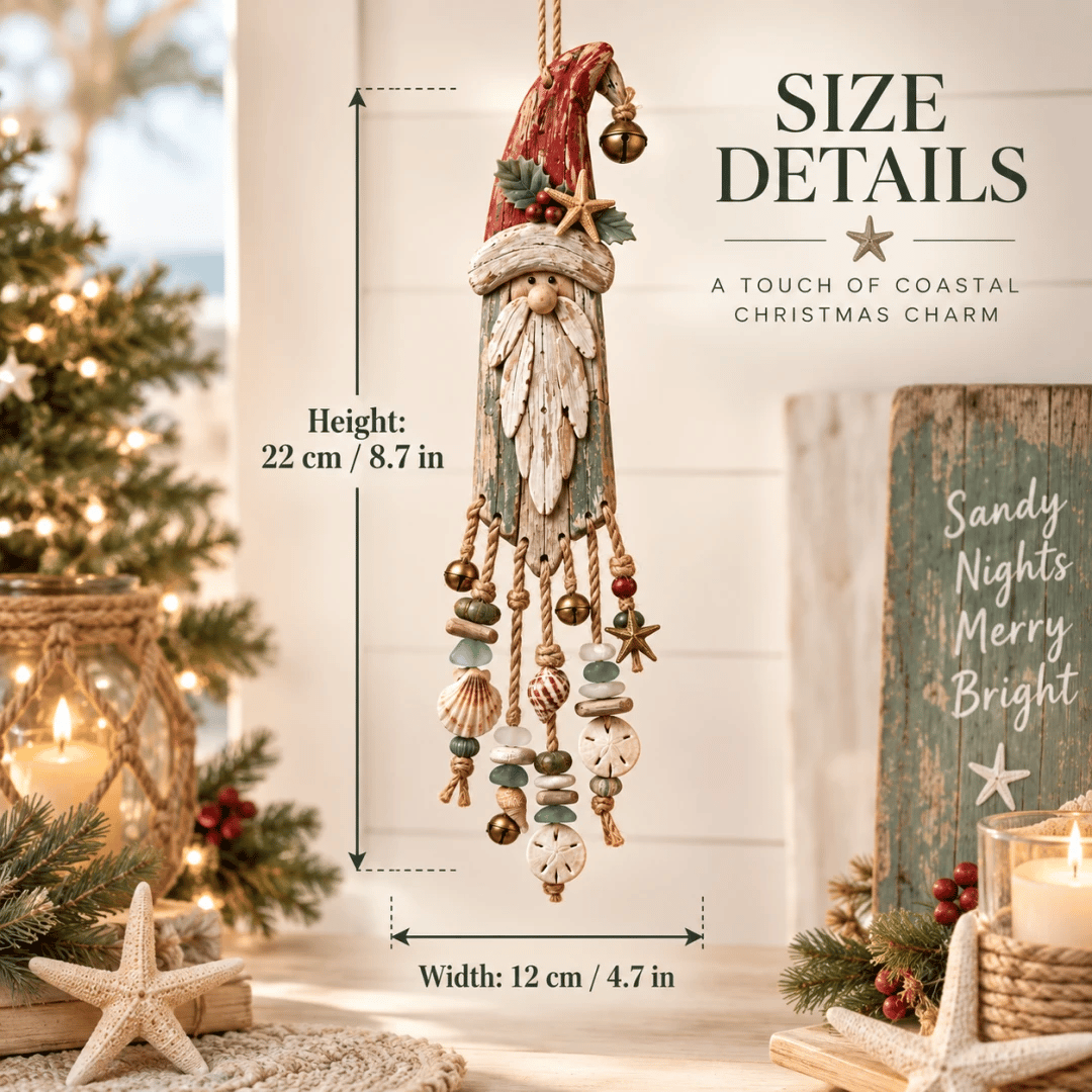 Vintage Coastal Santa Lighted Wall Decor – Beach House Christmas Hanging with Starfish, Shells & Warm Glow