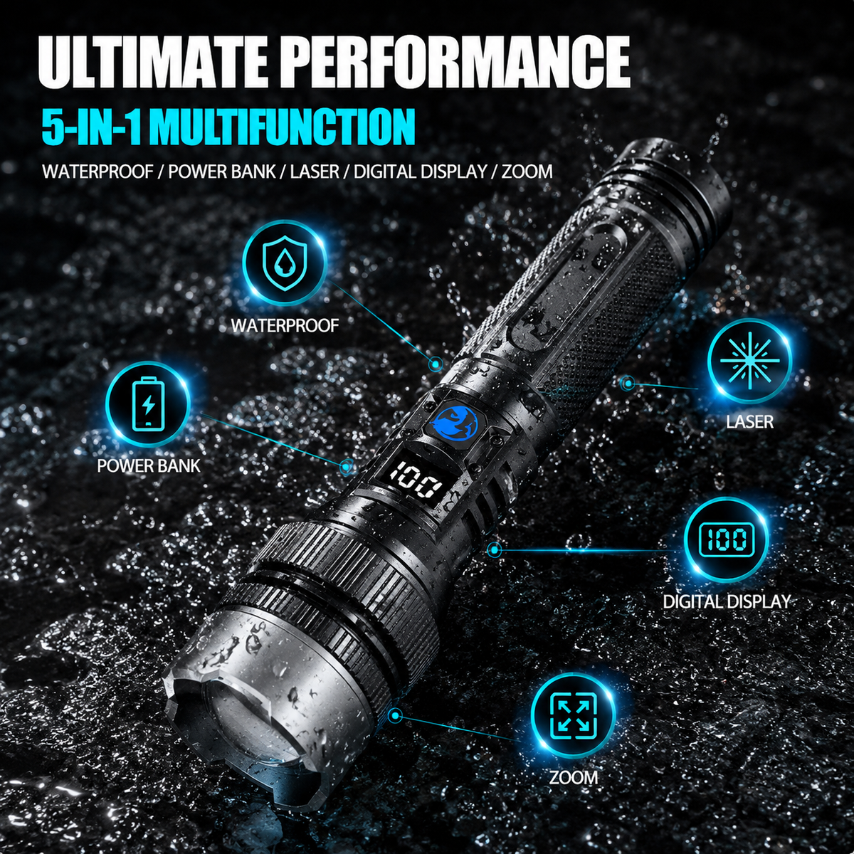 💎 50% Off! 💎 High-power flashlight: features an aluminum alloy heat-dissipating head and a telescopic zoom design for powerful, concentrated light; also functions as a power bank and includes a digital battery level display