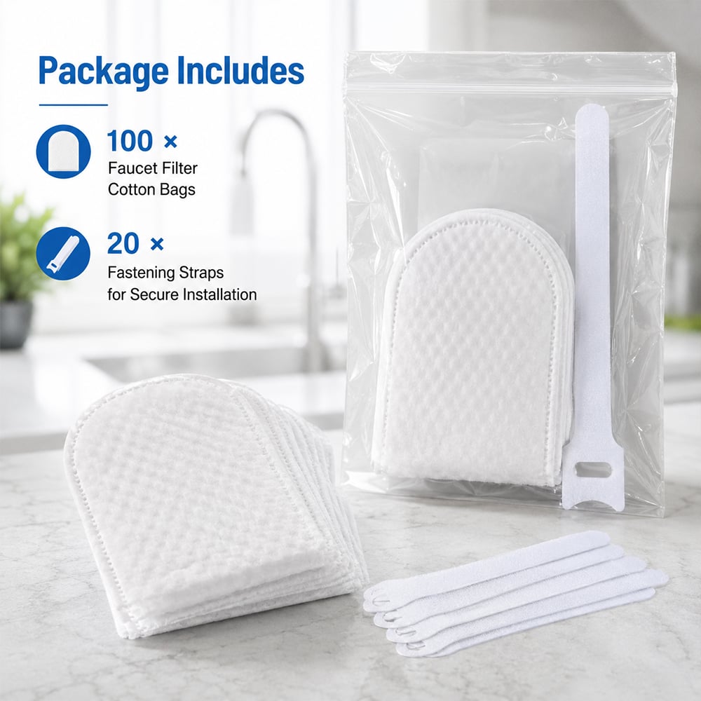 Package with 100 faucet filter cotton bags and 20 straps