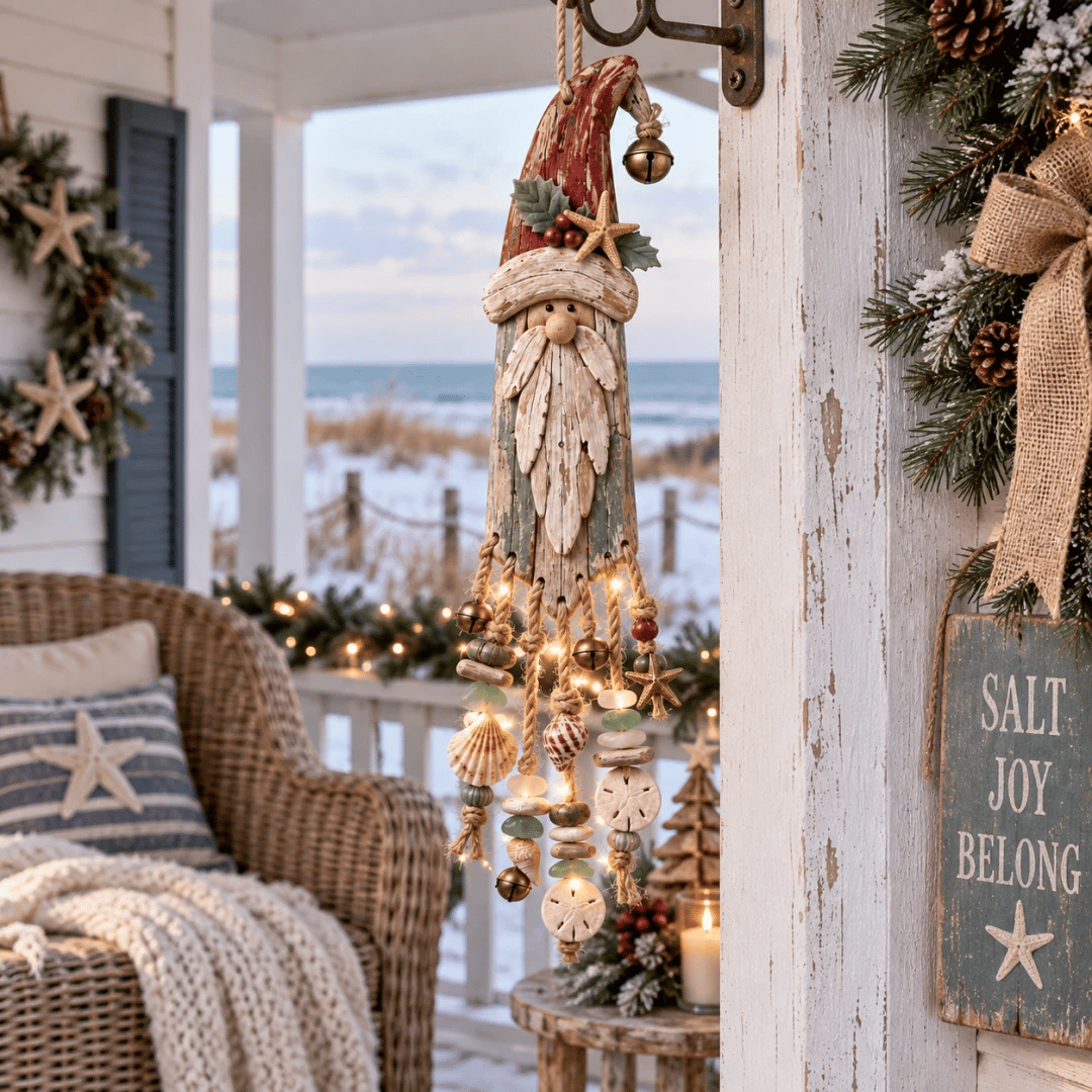 Vintage Coastal Santa Lighted Wall Decor – Beach House Christmas Hanging with Starfish, Shells & Warm Glow