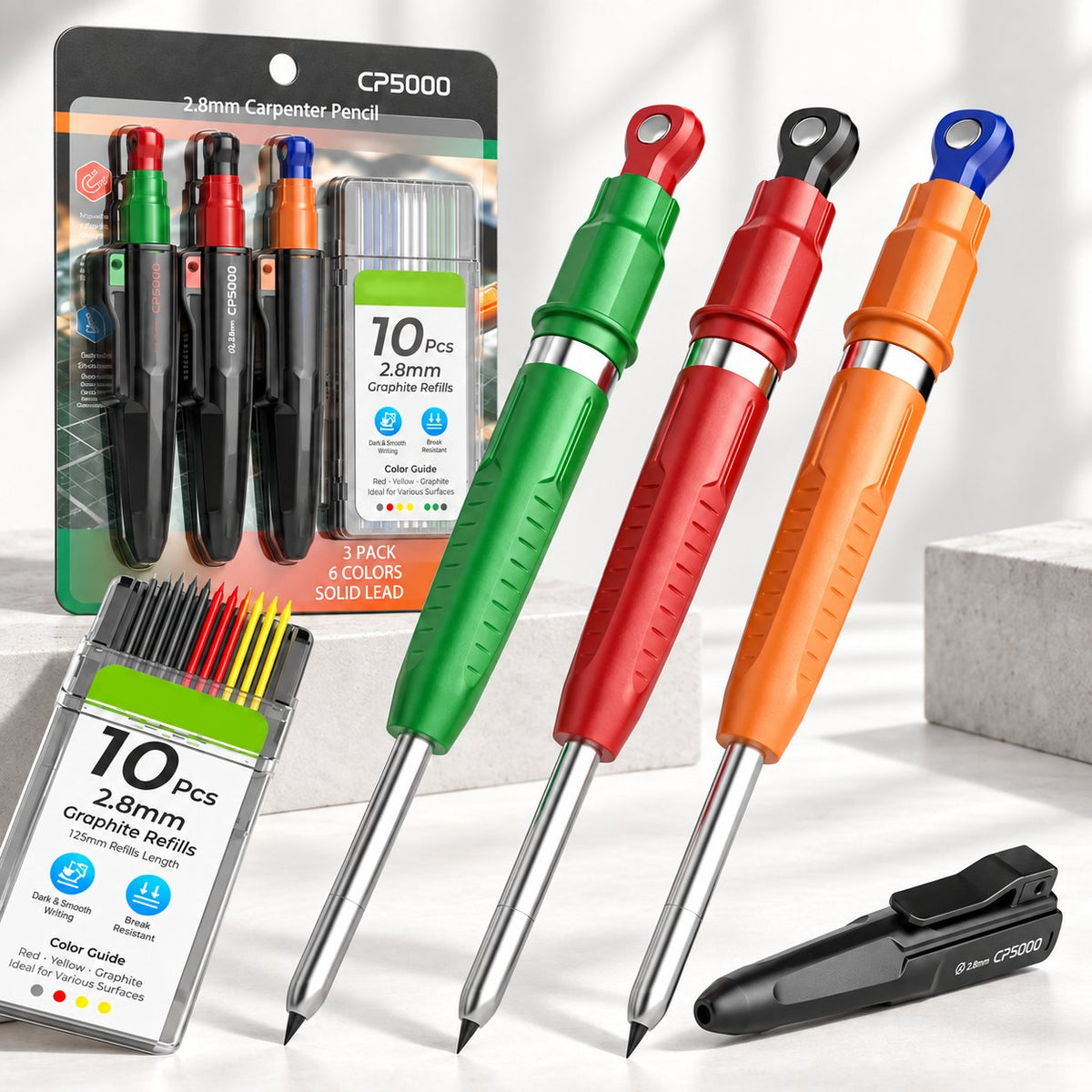 ✏️7-in-1 Magnetic Mechanical Pencil Set | 3-Pack Assorted Colors with 30 Graphite Refills | Sharpener & Protective Sleeve | Bullet Tip for Construction & Woodworking Marking