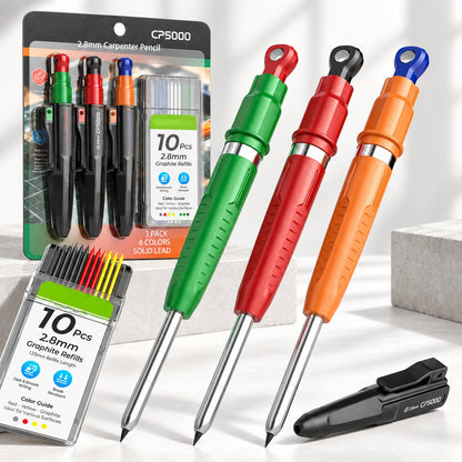 ✏️7-in-1 Magnetic Mechanical Pencil Set | 3-Pack Assorted Colors with 30 Graphite Refills | Sharpener & Protective Sleeve | Bullet Tip for Construction & Woodworking Marking