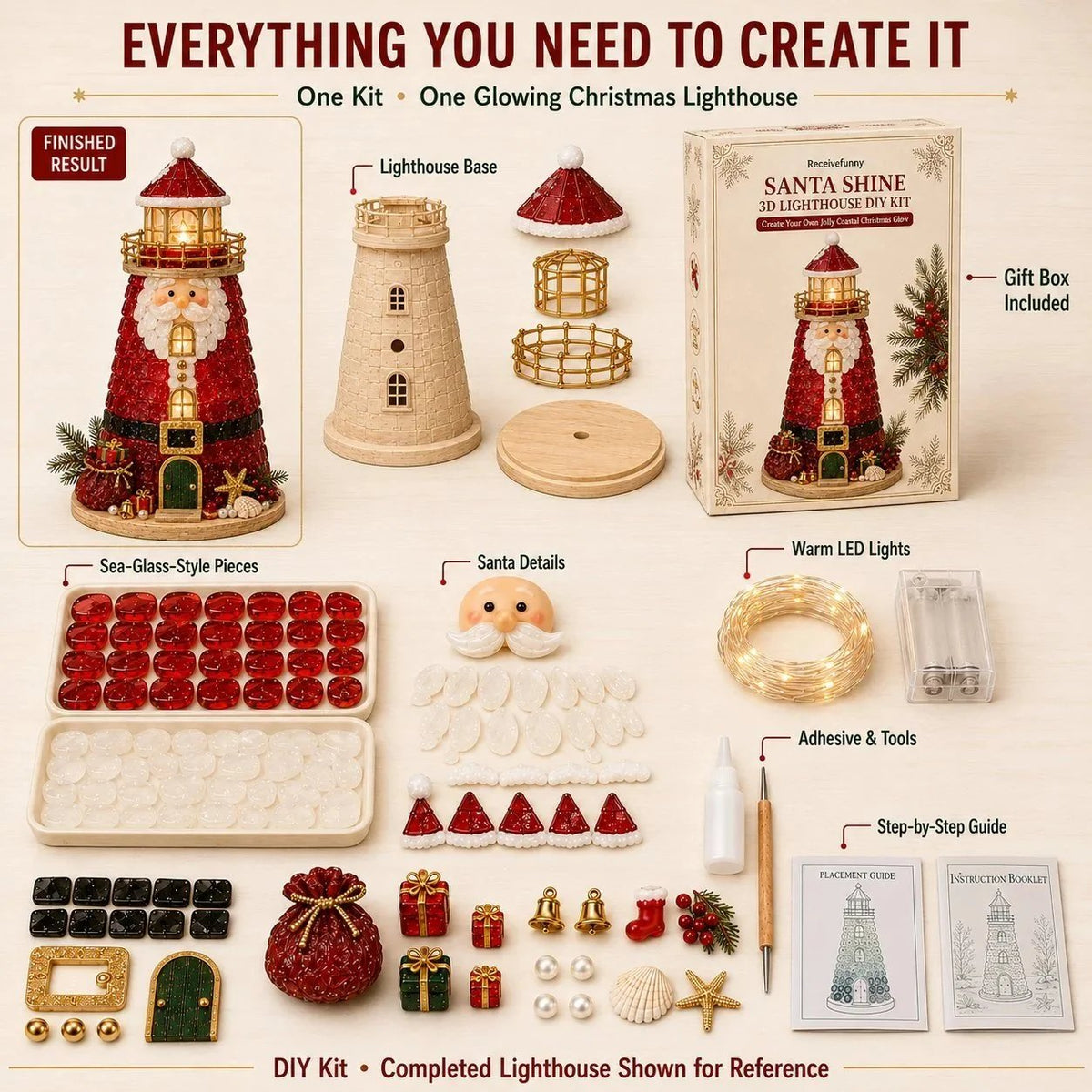 🎄Beginner-Friendly DIY Lighted Christmas Character Sea Glass-Style Lighthouse Kit Collection | Complete Kit with Sea Glass-Style Pieces, LED Lights & Step-by-Step Guide Included 💕