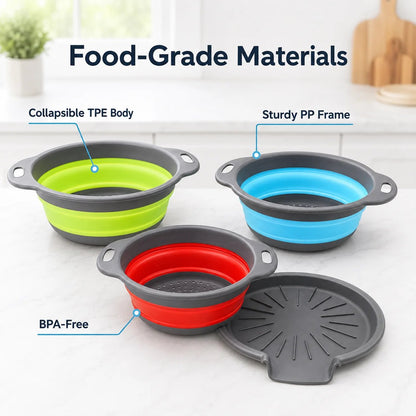 Collapsible Colander Set of 3 – Space-Saving Strainers with Draining Base | Small Medium Large