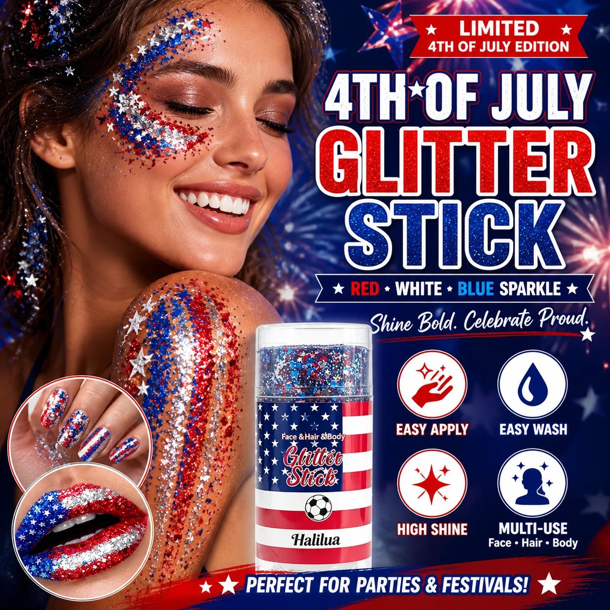 🦅4th of July Glitter Stick✨🔔Red, White & Blue Body & Hair Sparkle🔔