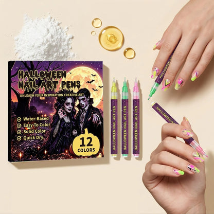 🎨12 Colors Halloween Nail Art Pens✨Water‑Based Quick Dry Face & Body Painting Marker For Festival Party DIY