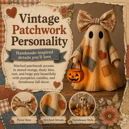 🍂 Vintage Patchwork Light-Up Ghost with Glowing Pumpkin Pail